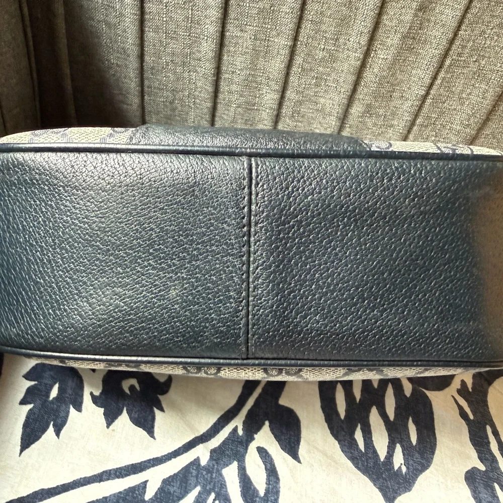 Gucci Beige Monogram Shoulder Bag with Navy and Red Web